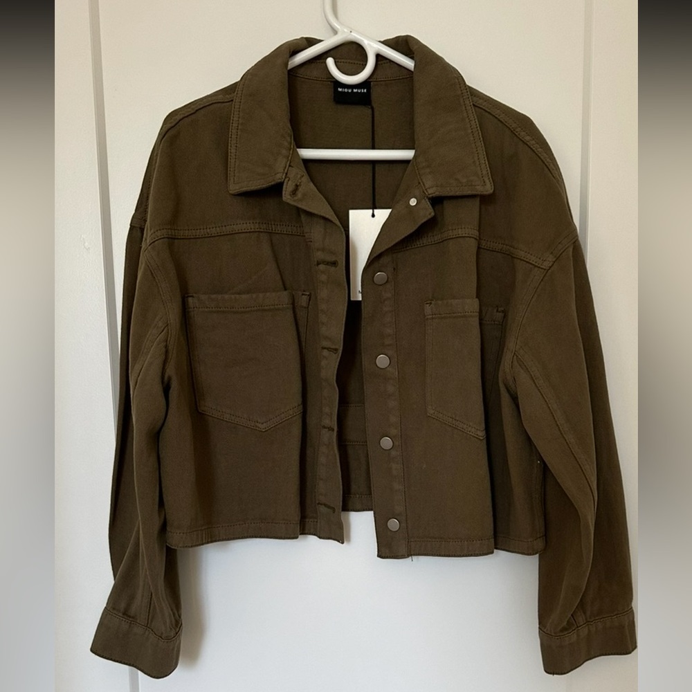 NWT Miou Muse Olive Green Cropped Denim Jacket Size XL